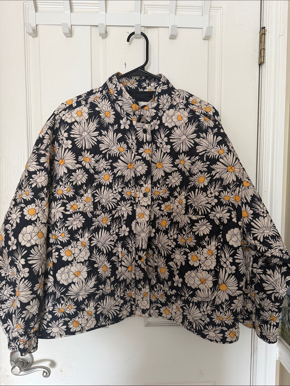Zara Black Floral Daisy Puffer Jacket with Yellow Centers
